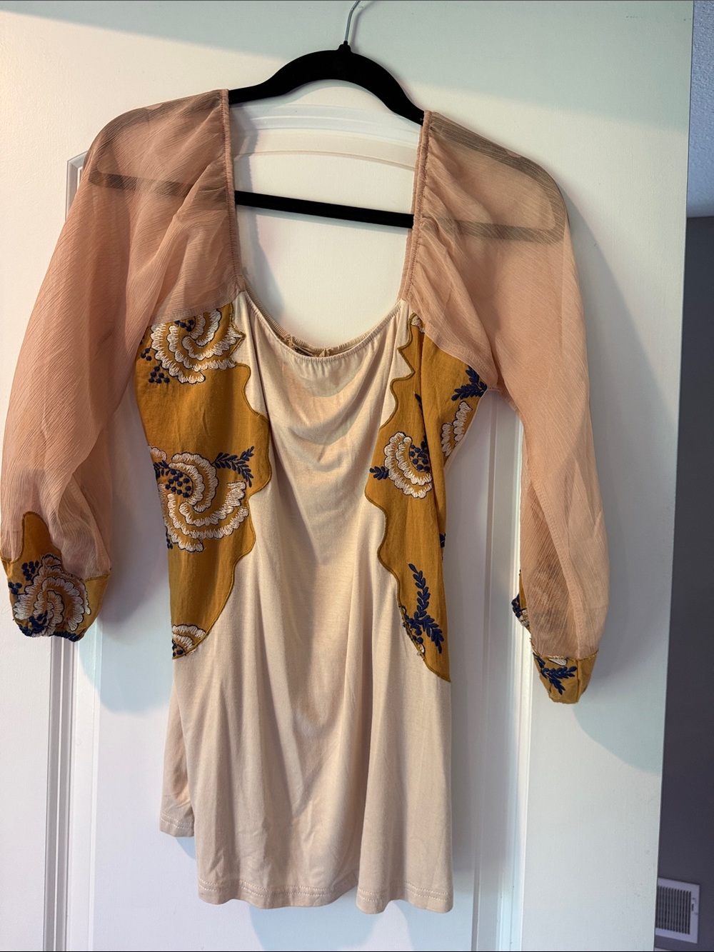 Cream  Sheer Sleeve Tunic with Mustard Floral Panels